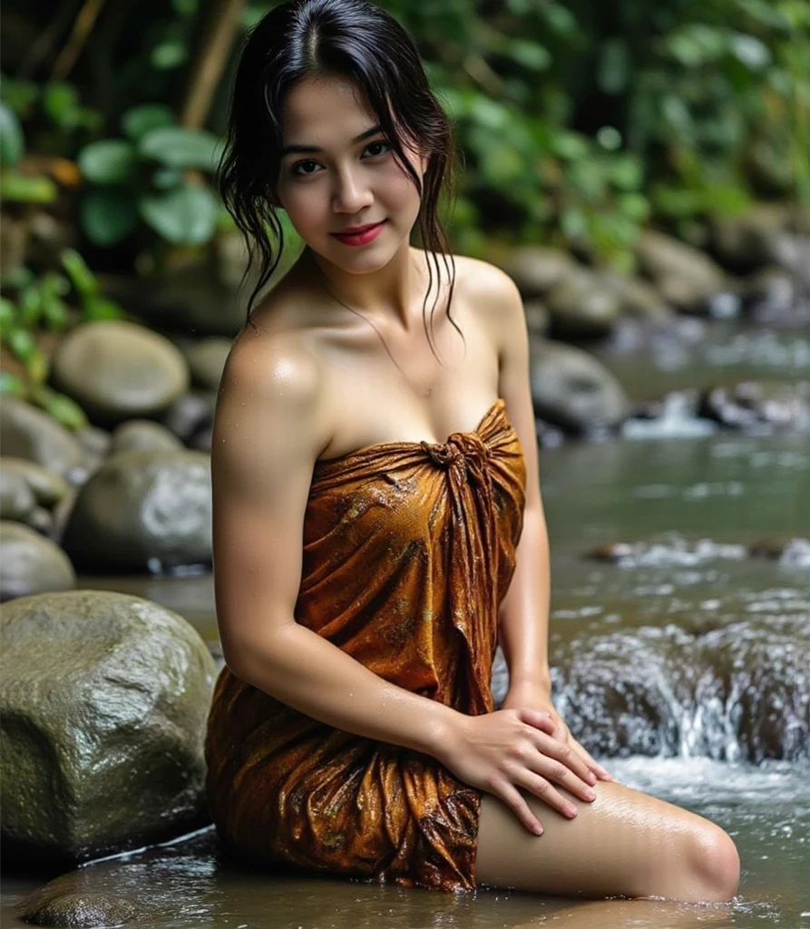 Woman swimming in the river, wearing a Javanese kebaya, flowers in the ears, flirting with the camera (plump woman)