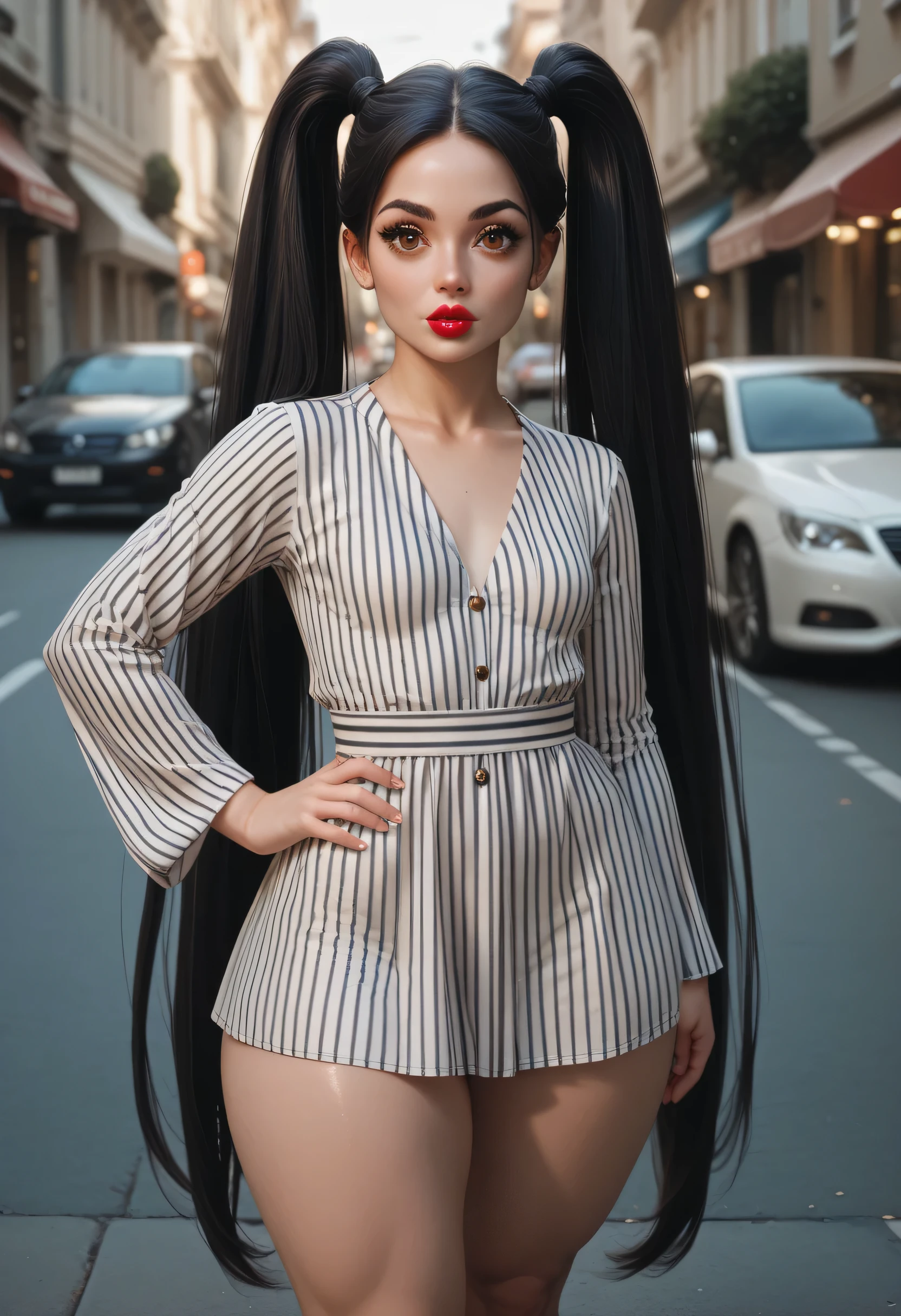 on street, perfect face, very long twintails hair, black hair, black eyebrows, thin eyebrows, big eyes, brown eyes, full lipstick, beautiful woman, striped tunic round dress, small breasts, hand on hip, (thick thighs:1.3)