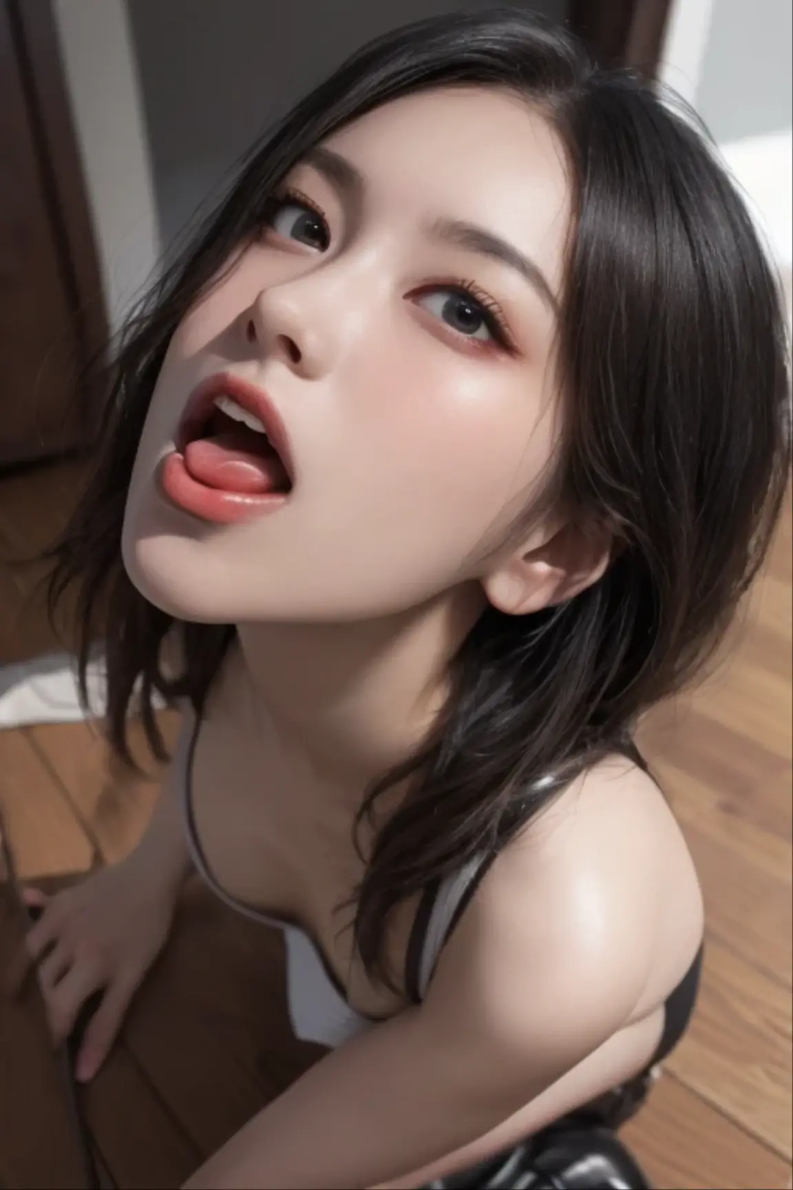 ( top quality, 8k, 32K,  masterpiece , Hyper HD: 1.3, top quality,     realism ,      Advanced Depth of Field     ),       1 girl,       opening mouse  ,        Cat Pictures Staring Closer      ,     express an orgasm near the front door   ,  Licking lips  ,     Seems to be enjoying it    ,     very excited expression  ，     on the bed,      Perfect Rift     ,      Fellatio Gestures  ,     Bright Red Hair 、  very detailed ,      完璧な  Fellatio Gestures   {x}    Beautiful and perfect Asian Korean near the front door  ,      Perfect Rift     ,  The tank top is         、        Great Highlights Cleavage        : 1.2,      Clear Clear Cleavage        ,  strong,         Feather Eyeliner Makeup        ,Perfect breast shape,      your chest is emphasized     ,      raise eyebrows     ,     Push up the cleavage    ,   Perfect Eye Makeup  , perfect      Fellatio Gestures  ,      Five Fingers    ,       Makes your face bright red     ,      Perfectly Finished Nails         , Sensual Fingers    ,      Plump Round Face     ,  delicate face, 