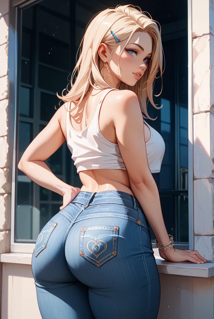 Rear view of 1 Russian Woman, legitimate albino, extremely thin and beautiful, perfect body, round ass, thin waist, wide hips, (well-shaped and delicate face with (freckles)), skin with highly detailed depth, is leaning against a brick wall, (hair over eyes, long, slightly messy and shiny, wavy blonde hair), (detailed, big bright eyes, light green eyes, curled eyelashes, big glasses), (sensual pout with mouth), wearing a short sweater showing the shoulders, (she is sweaty (shining with sweat)), ultra-realistic image, perfect symmetry, vibrant and sharp, dynamic vision, high quality, hyper-realistic and cinematic 64K.