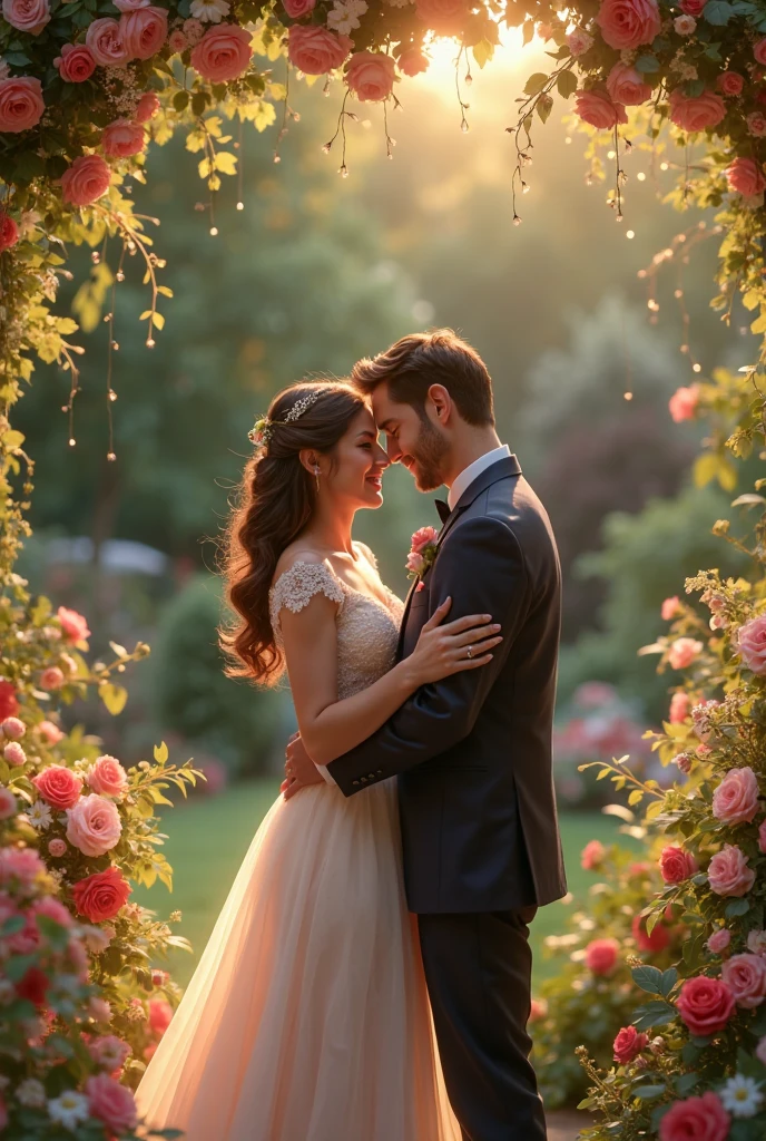 A serene garden setting with a couple engaged in a heartfelt conversation, surrounded by blooming flowers and vibrant greenery, soft sunlight filtering through the leaves, capturing the couple's emotional connection and deep understanding of each other, Photography, using a prime lens (50mm) with a wide aperture for shallow depth of field, --auto --s2