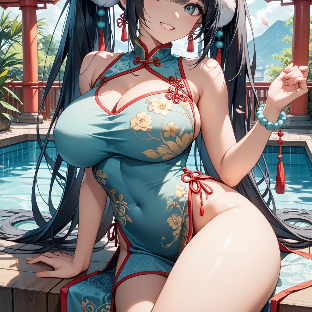 She is touching her clit in her Chinese dress、8K、、Highest quality、Tabletop、Ultra HD、Ultra-detailed、so beautiful、Ultra-detailed髪質、so beautiful、Portrait、Esbian all over、Captivating look、Beautiful woman、Long Blue Hair、blue eyes、Glowing Skin、bursting breasts、Very large breasts、Very big ass、Water droplets running down the skin、The background is a great night pool、naked、Excessive pubic hair growth、Two arms、Two Legs、I can see the、blush、She looks like she's feeling good、Detailed and high resolution clothing fabric、I want to see her pussy、彼女のI can see the、The Chinese dress has a honeycomb pattern.、Sweat dripping down my entire body、Wearing sexy pantyhose、She's human、Her nipples are visible、I can see her pussy