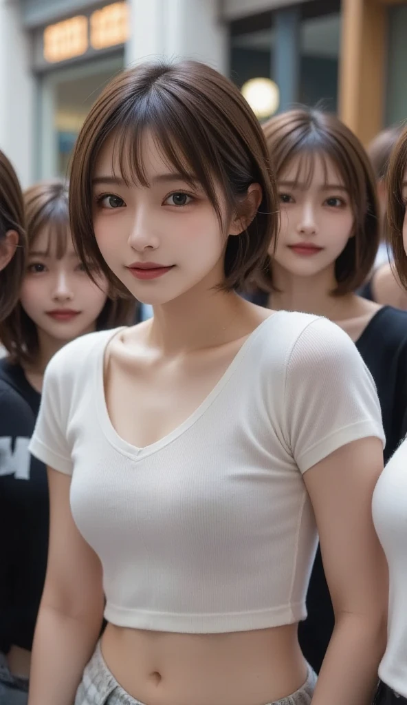 Super detailed super high quality super high quality surreal photograph three japanese girls Each girl has a different hairstyle randomly Fair skin 16 years old ((half-open lips:1.3)) beautiful and soft skin ((Beautifully styled straight short hair)) beautiful and perfect body very cute A beautiful and transparent young man々new skin 16 years old (High school girl wearing a sleeveless shirt) big breasts whole body everyday city busy city ((night)) viewer'perspective Front view (big breasts:1.3) (cleavage) (amazingly cute girl:1.3) (whole bodyポートレート)