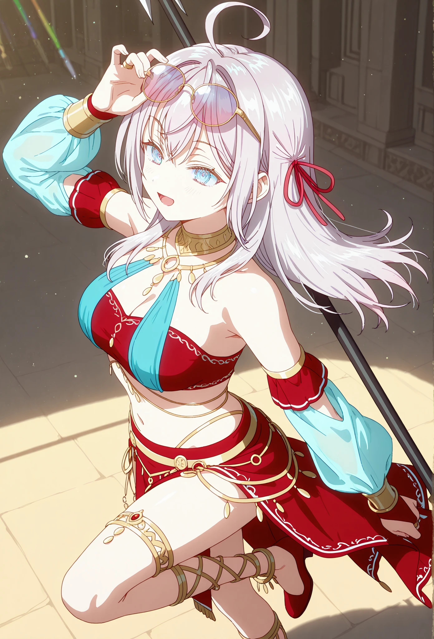 shikimori, medium breast, slim legs, blue gown, navel, skirt, standing, beautiful eyes, blue eyes, happy, arabian belly dancer, stage, sitting