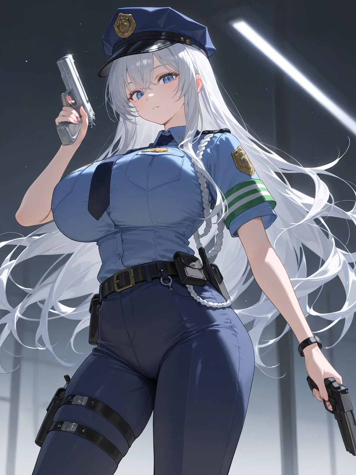 (masterpiece), (best quality), (high res),1girl, tall body, ((long hair, grey hair, ponytail hair)), (black eyes), beautiful detailed eyes, beautiful detailed face, cute face, perfect hands, complete fingers, perfect anatomy, perfect proportions, ((hat, jet black police hat)), ((leotard, matching leotard, bare legs)), ((boots, matching boots)), breasts, medium breasts, fingerless gloves, (full body portrait), looking at viewer, (solo, solo focus), standing, police uniform, shoulder pads, cowboy shot, office backdrop, indoors, (belt, tight belt), (armbands, white sleeves), one hand on hip, serious, full body costume design.