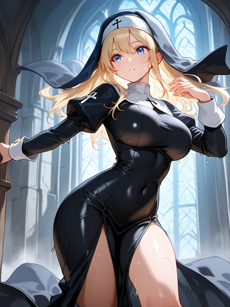 1girl, blonde hair, red eyes, large breasts, wide hips, nun outfit, coy smile, milf, church background, textured skin, UHD, UHD, UHD, UHD, award winning, high details, incredible high-key lighting and shadows, masterpiece, incredible illustration, Marin Kitagawa