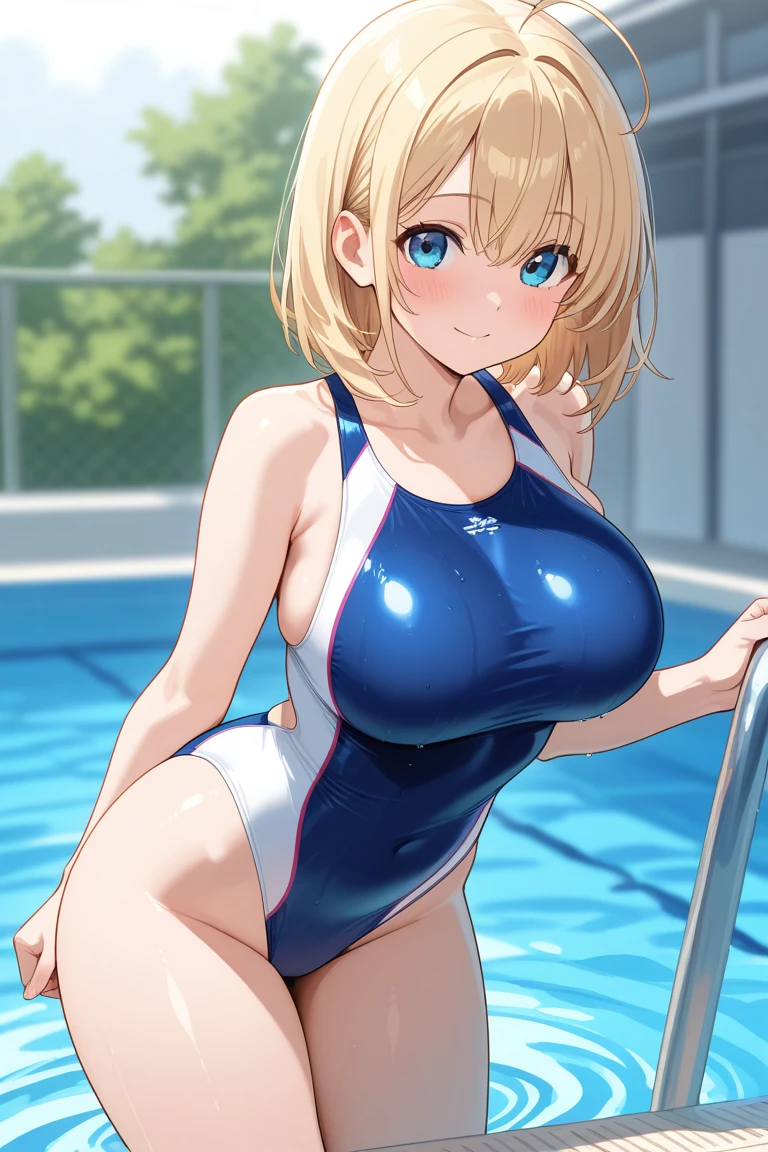 (masterpiece quality, High resolution, Detailed Background:1.25), (Man and Woman 5), (School Swimsuit:1.5), Swimming Club, Pool,(Nice, boyish:1.5), View your audience, smile, (Cowboy Shot:1.25), (Super huge breasts:1.5),(Penis between breasts through swimsuit:1.5),(Saggy breasts:1.6),(Short upper body:1.5),(Soft Breasts:1.3),(She presses her breasts against the man and gives him a blowjob:1.6),(put a man'A penis in your mouth:1.6),(Low posture:1.4),(Facial:1.4)