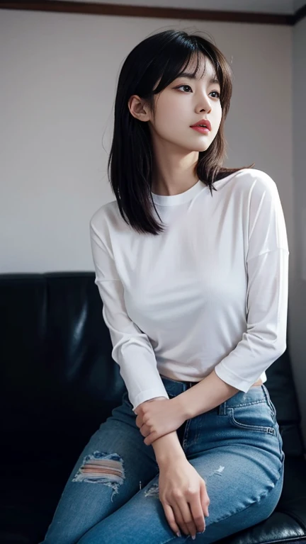NSFW, (masterpiece, Highest quality:1.2), 8K, Young and beautiful girl, 85mm,Official AR RAW Photos, (Baby Face), ((Small face)), ((Big Breasts))、(Show me your boobs), Detailed nipples, Show me your ears、photo shoot, Cute face, Thighs, Classroom after school, Looking at the audience, Embarrassing、smile、 makeup, Film Grain, chromatic aberration, Sharp focus, Face Light, Bright lighting, 10 generations, Detailed face, Background blur、((((((14 years old))))))、Narrow waist、((White gym clothes with short sleeves, Navy Navy Bloomers)), Spread your legs