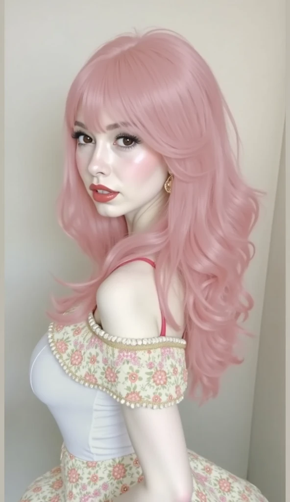 1girl, solo, long hair,big breasts,violet hair,highly detailed face, detailed face, perfect proportions, well-proportioned body of six heads, (Strawberry blond hair,long hair, ponytail), breasts, thin waist, navel, big butt , crotch gap, large thighs, sitting, leapard leather boots, high heels, lips, hand on hip, thigh boots, chair, crossed legs, realistic, (gorgeous bright neon dotted red eye makeup), (thick pink winged eyeliner),(blue shimmering Lipstick), (gorgeous bright neon dotted avant-garde red eye make up(,long eyelashes,blue eyeshadow,red masacar)looking into the camera, solid pink color background ,((wearing Victoria's Secret Double Shine Leopard fur halter neck babydoll and low waist leggings),she has a tatto under color bone,she has lips piercings,