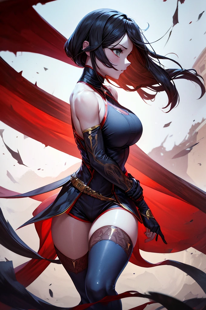 Photo of a woman with natural skin, ((Upper Body)), Dynamic pose, laughing, She has black hair in twin tails with red mesh, Sharp eyes with blue eyeshadow, Shining eyes, A thin, upturned nose, Well-shaped lips, ((Black shoulder dress, Large size clothes, Decorated clothing)), Big Breasts, barefoot, Makeup, Exquisitely crafted with the utmost attention to detail, Vibrant, amazing, Smooth, Cinematic, 4K, Backlight, ((Atop a cliff with a beautiful starry sky, Cliff)), Shallow depth of field, ((Detailed eyes:1.3, Detailed lips:1.3, high quality, )), masterpiece, Super detailed images, High quality