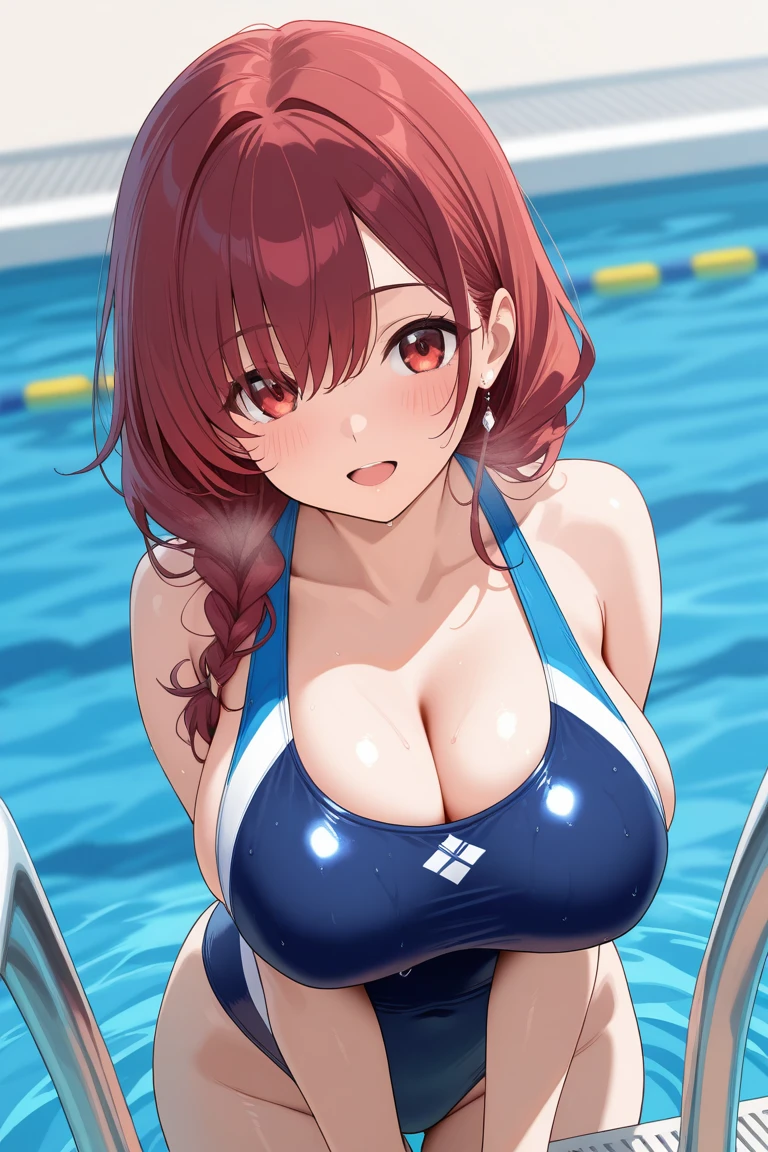 (Coming up from the pool),breasts forcus,
BREAK  (1female:1.4), (blue eyes),((deep red hair)),(long twin tail),wet hair,blush,(large breasts:1.2),
Break ((wet)),upper body((compression swimsuit,(watermelon:1.2))),
Break POV,from above,close-up breasts, ((shiny body)),
Break ((ultra-detailed)), ((illustration)),(beautiful detailed eyes), beautiful, amazing,(((masterpiece))), (realistic:0.5), best quality, 
break poolside