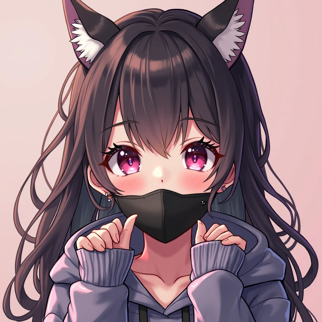 anime girl with a mask on her face making a gesture, anime vibes, in an anime style, subtle anime style, anime style only, in anime style, flat anime style, anime moe artstyle, anime styled, wearing all black mempo mask, anime style, anime aesthetic, lofi girl, modern anime style, anime-style, clean detailed anime style,pink theme background