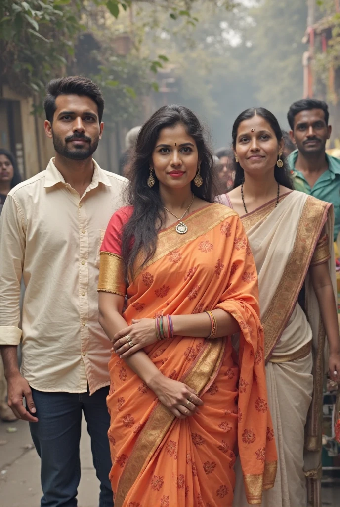 I want to create a family picture of a housewife who very sexy in saree with her husband Raju, whose physical features are mentioned below, he is shorter than his wife and their two children named Pratham and Sanket who are adopted and very handsome. I want this picture to look very sexy and hot, the setup should be of village and they are not rich so keep it desi. Saroj is milky white and she is super curvy and sexy.
Make it realistic and hot and sexy
The housewife is curvy and chubby in a sexy way like tamanaah Bhatia. Keep a sexy pose and reveal her sexy belly with piercing on Belly button
1. Background and Family:
- Saroj is a 30-year-old young married woman living in Ballarpur, a town near Chandrapur, India, specifically in Saibaba ward.
- She has two adopted sons, Pratham and Sanket, who are protective of her.
- Her husband, Raju, is responsible and caring, though she desires a physically stronger partner but Raju is same height as Saroj and Raju is not strong, he is slim..
2. Physical Appearance:
- Saroj is 5'7" tall, very beautiful, with a curvy, plump body typical of Indian beauty her body resonates with the body of Tamanaah Bhatia, though she is curvy in plump and chubby way.
- She often wears sarees draped below her navel and perfectly around her waist and wears a different style of belly/waist chain around her waist.
- She has her belly navel pierced to look nice in sarees.
- She has long black hair, with her eye color being between brown and black.
- She has a beauty spot on her chin, which adds to her charm.
- Her figure is described as voluptuous, and she maintains it through working out and belly dancing.
3. Personality and Interests:
- Saroj is innocent but enjoys flirting when she receives attention, especially from men in her neighborhood who admire her saree style.
- She likes makeup, belly dancing, singing (with a beautiful voice), and elegant things.
- Saroj is innocent, beautiful, down-to-