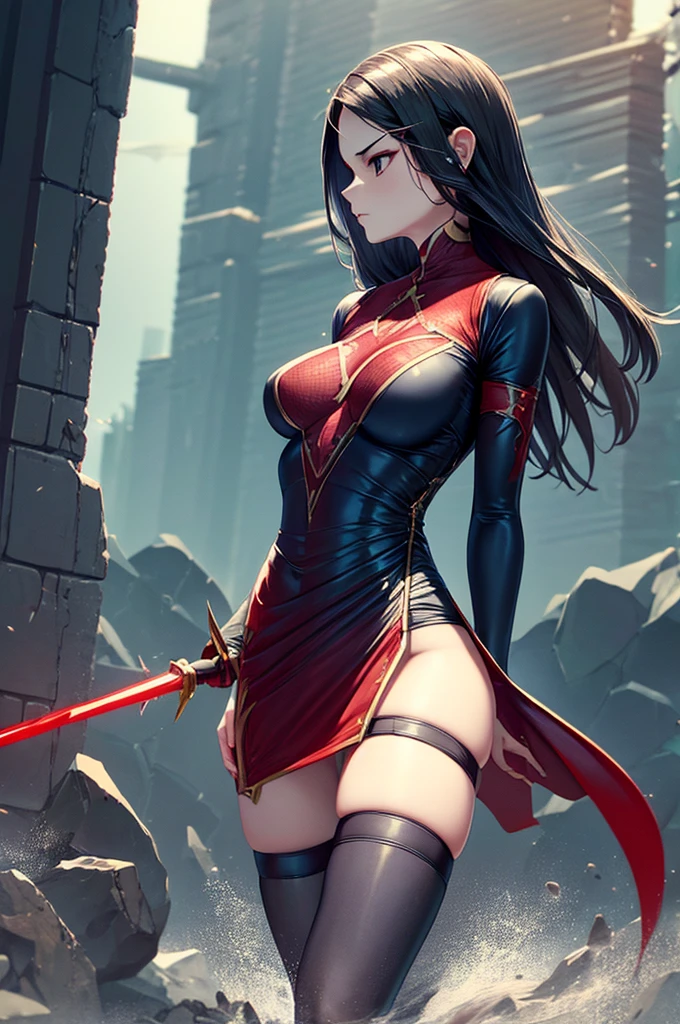 (Best Quality,4K,High resolution), Dark Hero，Superhumanization、(Best Quality,4K,High resolution)，transform,An abnormal，sharp eye，Red glowing eyes，Facial expression enhancement，，Changing the Appearance of a Transform，Destroy the ground with your fists，POWERGIRL、Spread your fists、buttle，Reproduce delicate and realistic skin texture in detail，Realistically reproduced muscles、Texture、Realistic portrayal，Vibrant colors，expresive，Classic background(Best Quality,4K,High resolution), Comical appearance，(Best Quality,4K,High resolution), 18yo woman, Red highlights on black hair, Long hair, Straight hair, Cool Woman,Small breasts、Superhumanization，Cold eyes ,sharp eye，Red and black decoration with intricate decoration、ripped clothing，comic strip，animesque，Comical illustration，busy，Deformed cute illustration，Full body projection，Doomsday World，Fighting，Dark worldview，Delicately reproduced dynamism、Combat stance