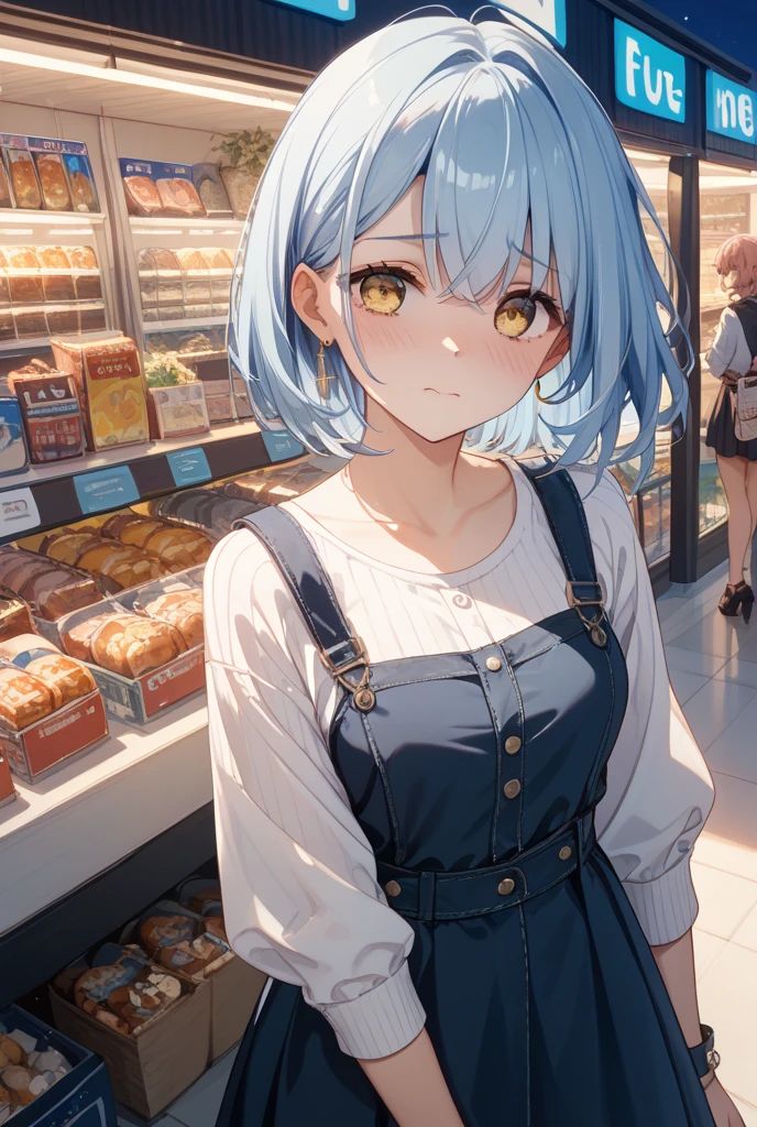 extremely quality extremely detailed, photo realistic smug Blue Hour, extremely quality extremely detailed, illustration, contrapposto, cute anime face cinematic lighting cinematic angle, +++ 
iridescence eyes , 
bright aqua hair, 
short hair , 
braided bun, 
drill hair , 
asymmetrical bangs, 
hair flaps , 
smirk, 
nose blush , 
head_tilt  
+++, Low Angle, looking away, From Up, brown sundress zettairyouiki (burgundy over knee socks), sandales , bakery