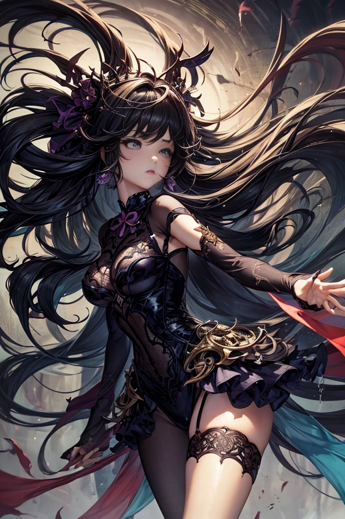 8K resolution, masterpiece, Highest quality, Award-winning works, unrealistic, From above, erotic, Only sexy women, healthy body, Anatomically accurate skeleton, 22 years old, Black Mage, Height: 165cm, huge firm bouncing busts,, Silvery long wavy hair, Detailed facial depiction, break, Mysterious blue eyes, Standard nose, eyeliner, Pink Lips, Sexy long legs, Transparent muscle,, Gothic ruffle long dress, A dress with a complex structure, Seven colourful dresses, Clothed in flames, royal coat of arms, elegant, Very detailed, Delicate depiction of hair, Miniature Painting, Digital Painting, artステーションコンセプトart, Smooth, Sharp focus, shape, artジャム、Greg Rutkowski、Alphonse Mucha、William Adolphe Bouguereau、art:Stephanie Law , Royal Jewel, nature, Symmetric, Greg Rutkowski, Charlie Bowwater, unrealistic, Surreal, Dynamic Lighting, ファンタジーart, Complex colors, Colorful magic circle, flash, dynamic sexy pose, A kind smile, Mysterious Background, aura, A gentle gaze, break, Small faint lights and flying fireflies, night, lanthanum, 山の頂From above下界を見下ろす, Starry Sky, milky way, nebula, shooting star, A sacred staff that emits a brilliant light, Back view, Facing the camera