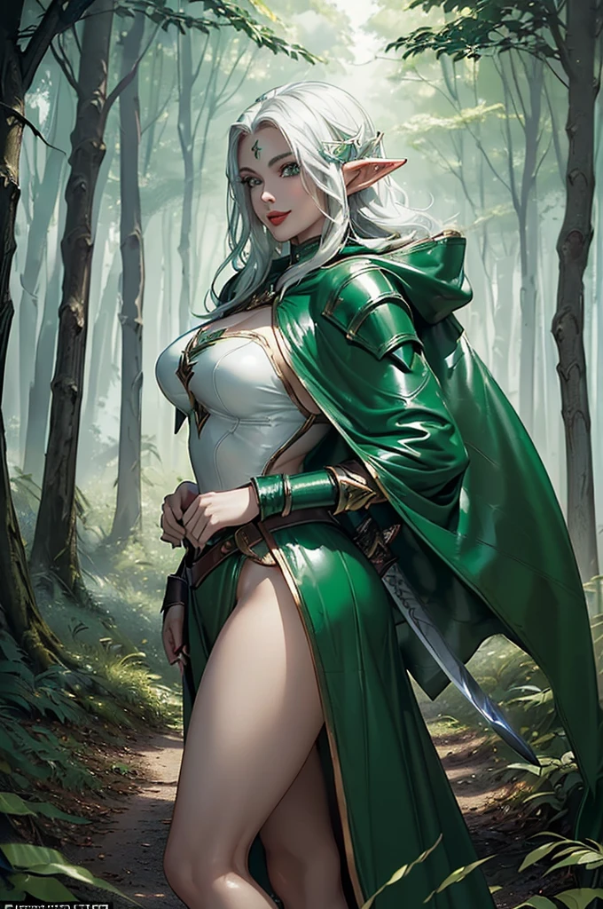 detailed illustration (side view),dynamic angle,ultra-detailed, illustration, close-up, straight on
Elf, white hair, wavy hair, shoulder length hair,
iridescent silver-white streaks in her hair, large iridescent red-gold eyes, wearing a torn and shredded tight forest green 18th century military officers jacket, 1700’s European military jacket, open jacket, torn forest green-brown trousers, standing in a forest clearing, ruin castle in the background, beautiful, mature, milf, elf milf, toned body, thick body, ripped clothes, very large breasts, massive breasts, deep cleavage, resistant, strong, courageous, proud, determined, armed with flintlock, holding flintlock pistol