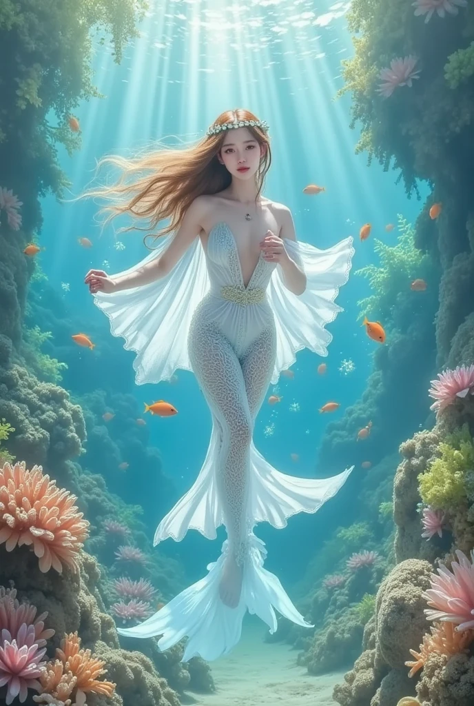 Fishtail Mermaid,Big koi,Lots of koi,Koi fish of different colors and styles、Four white koi carps,Polka dot five color koi、Orange Gold Koi、Red and white koi、Meikai light yellow brocade,Peach Blossom,avatar.A realistic and detailed belly dancer gracefully performing on the shimmering surface of the tranquil sea, surrounded by gentle waves, leaving ripples in her wake