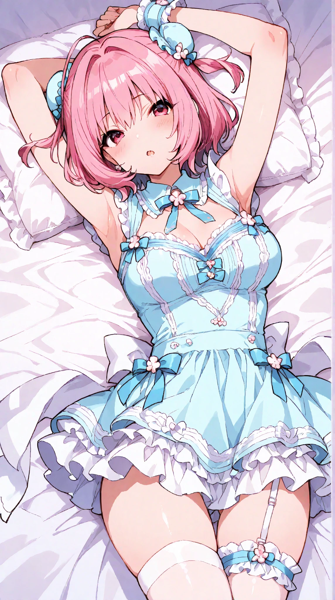 Lying down,Open your crotch,Put your hand on your crotch,tiny girl,Colossal tits,Smile with open mouth,short pink hair,Striped panties,,magical girl costume,hair adornments,Heterochromia,Blue and green eyes,Top image quality,Best Quality