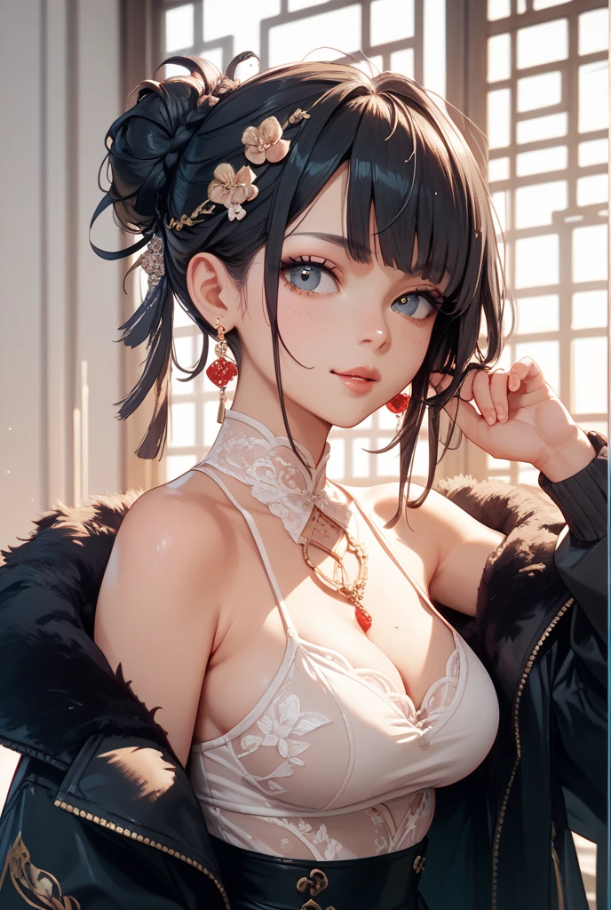 Fashion trendy beautiful and charming woman, gentle and charming Chinese beautiful woman, Korean(kpop-idol), delicate and sexy collarbone, charming oval face, double eyelids, smart [peach]blossom eyes, pink lips, small nose, bare shoulders, focus on the face, close-up of the face, Ultra-high-definition, super-detailed, the ((loose)), white off-the-shoulder shirt perfectly echoes the light blue high slit miniskirt, (chest cutout). ((black)lace panties), fresh and impressive, Natural(medium breasts:1.25), (nsfw:1.2)
