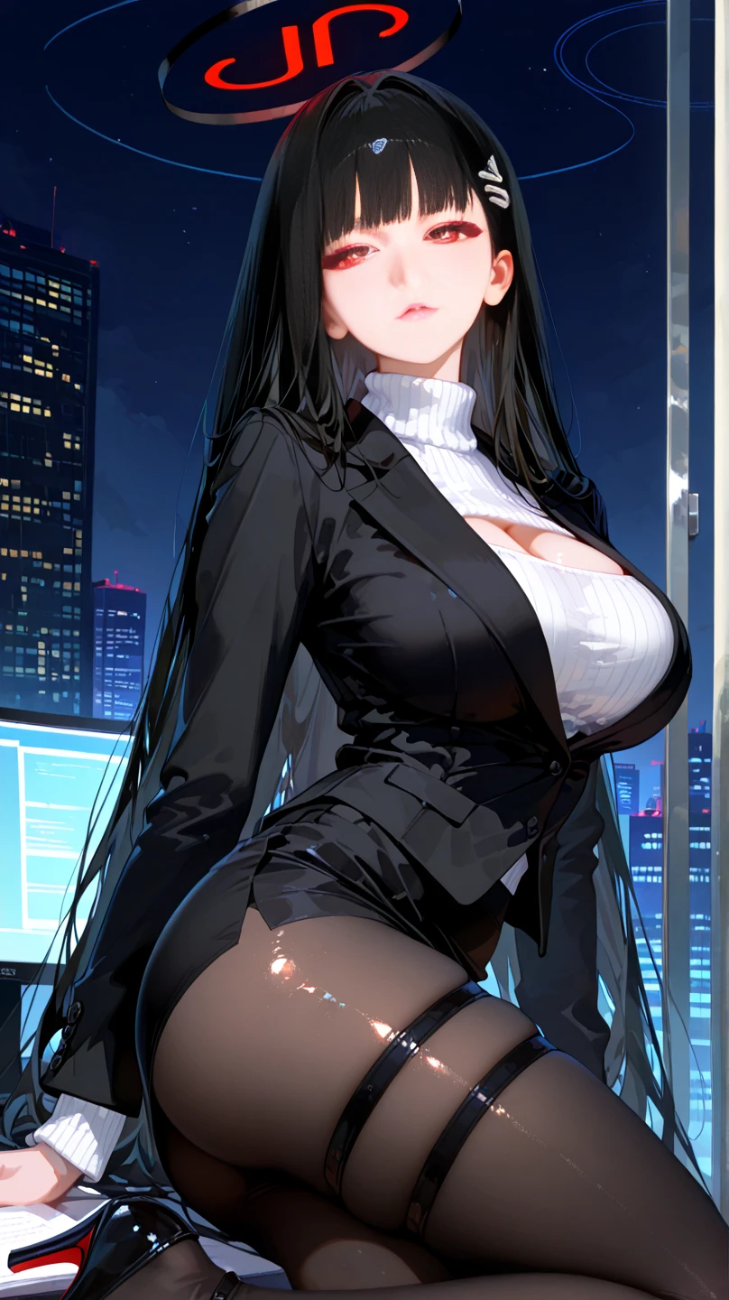 (masterpiece), (best quality), (Perfect face), extremely Delicate skin pores, (Delicate skin:1.2), Art Station, night, Gym, night sky, Cool Girl, Dark business jacket, Dark business dress, High Leg Raise, Black short hair, With a straight face,No Expression, A faint smile, permanent, portrait,Long skirt,Long hair,Black Silk,Sitting。