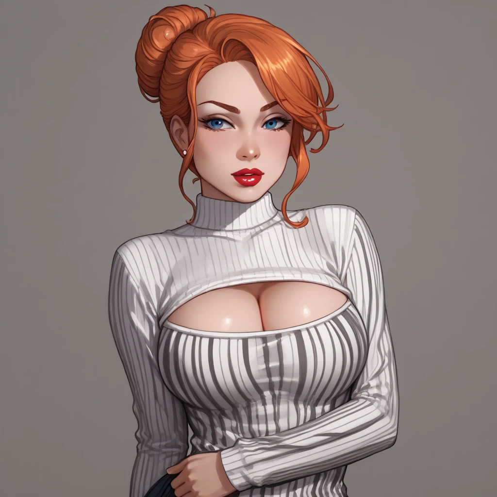 (masterpiece), best quality, expressive eyes, perfect face, ginger hair, (parted bangs) , forehead, (low ponytail), ((blank background)), symmetry, medium body, mature face, (30 years old), (massive breast), green coat, (full head framing), 1girl, solo, white shirt, defined jawline, female muscular:1