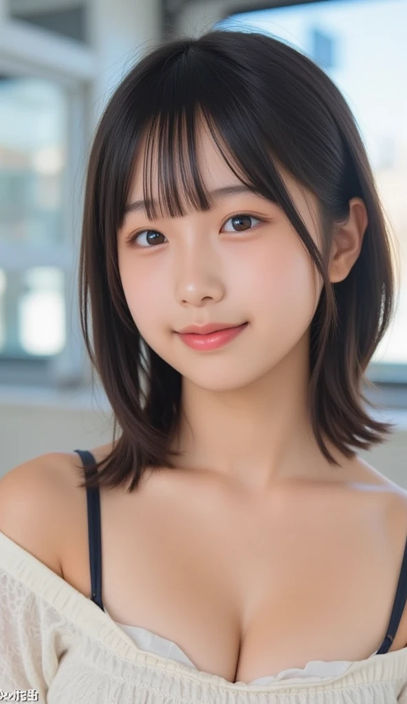 ((最high quality)), ((Tabletop)), (detailed), Perfect Face,One girl, alone, masterpiece, high quality,Front facing,A beautiful woman in a light blue dress、Japanese、Similar to Haruka Ayase、20-year-old、Close-up、Raw photo、A shy smile、Beautiful Eyes、Round eyes、Dating、look here、See-through bangs、Black Hair、Soft, medium-long hair、field、Official Art、pure、Clear skin、Red cheeks、delicate、Innocence、Large Breastasterpiece、best quality、ultra detailed、Photorealistic 、high resolution、16k、shiny eyes、Beautiful eyebrows、Separated eyebrows、serious、no makeup、masterpiece、Photorealistic、Shiny Hair、Half Smile、Park