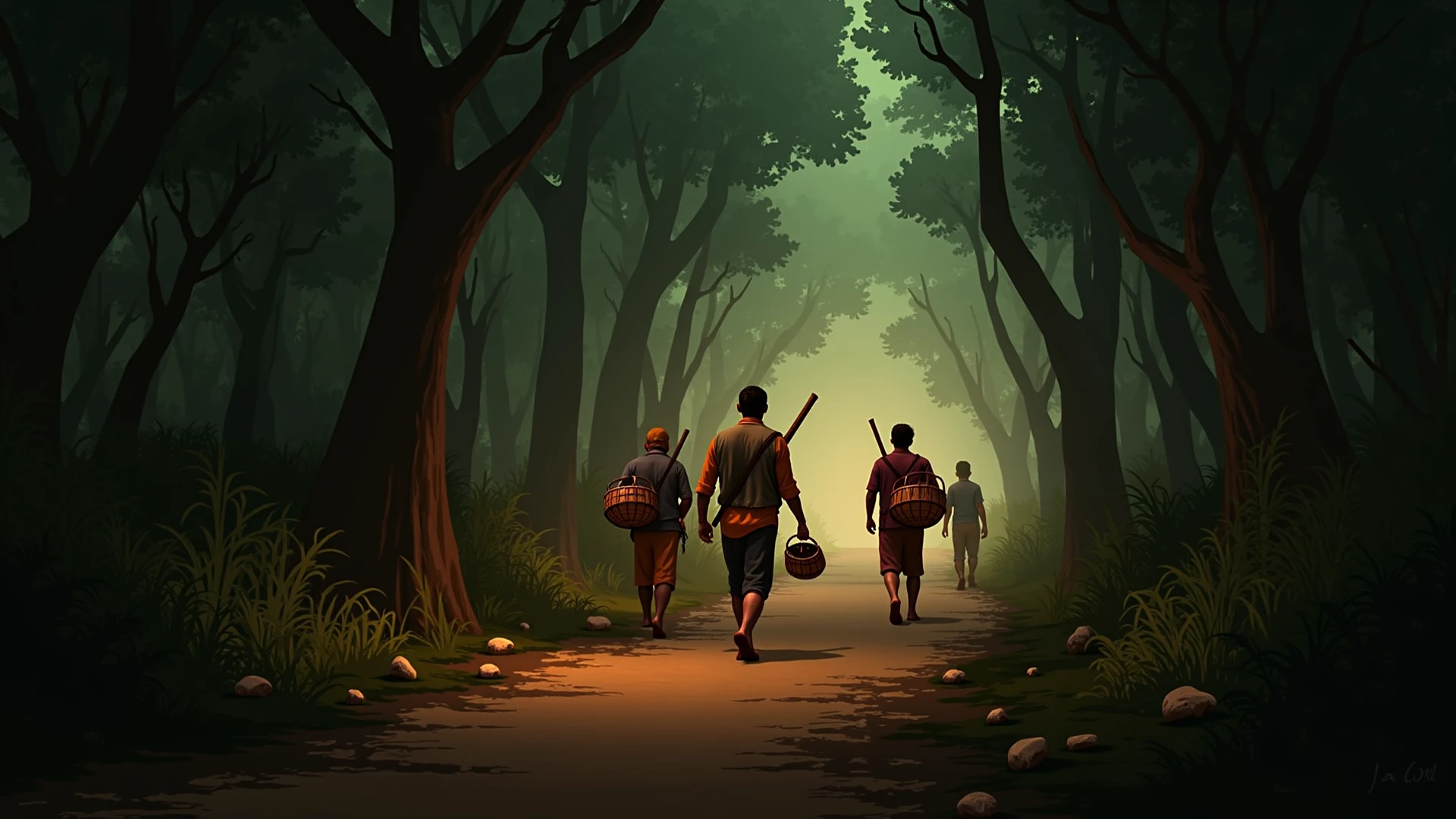 African Path Rexture A dense, humid West African forest path at dawn, with traders in faded ...