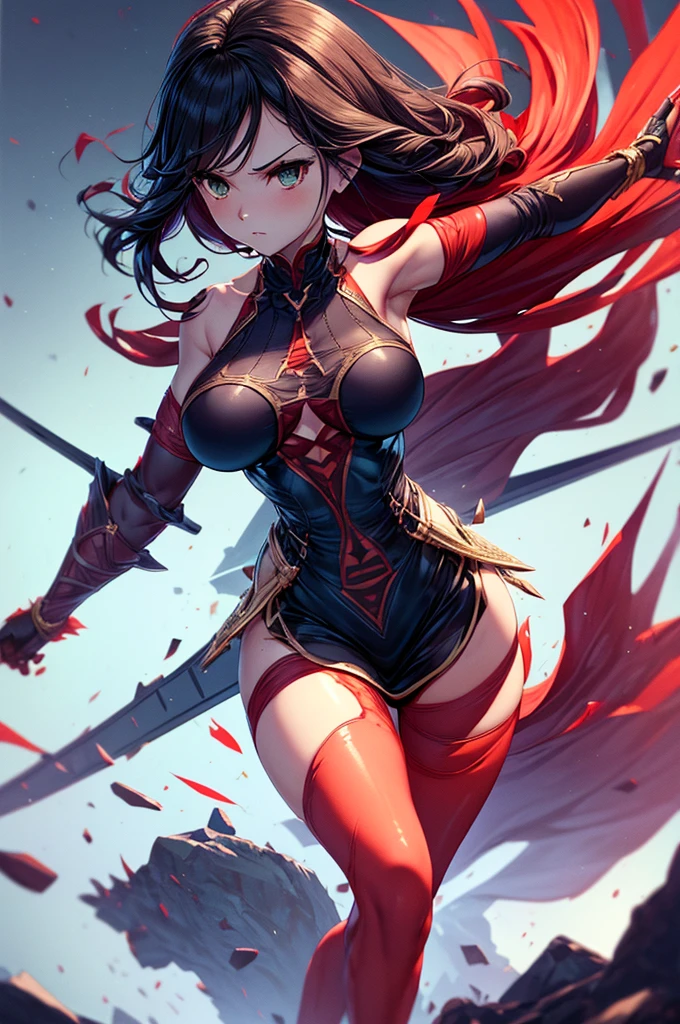 (Masterpiece, Extreme, Excellent, Official Art, Aesthetic Aesthetics: 1.2), Extreme Meticulous,demon slayer art stlye,elvish.1 girl,huge horns.fire katana,supreme details,fire storm,light armor