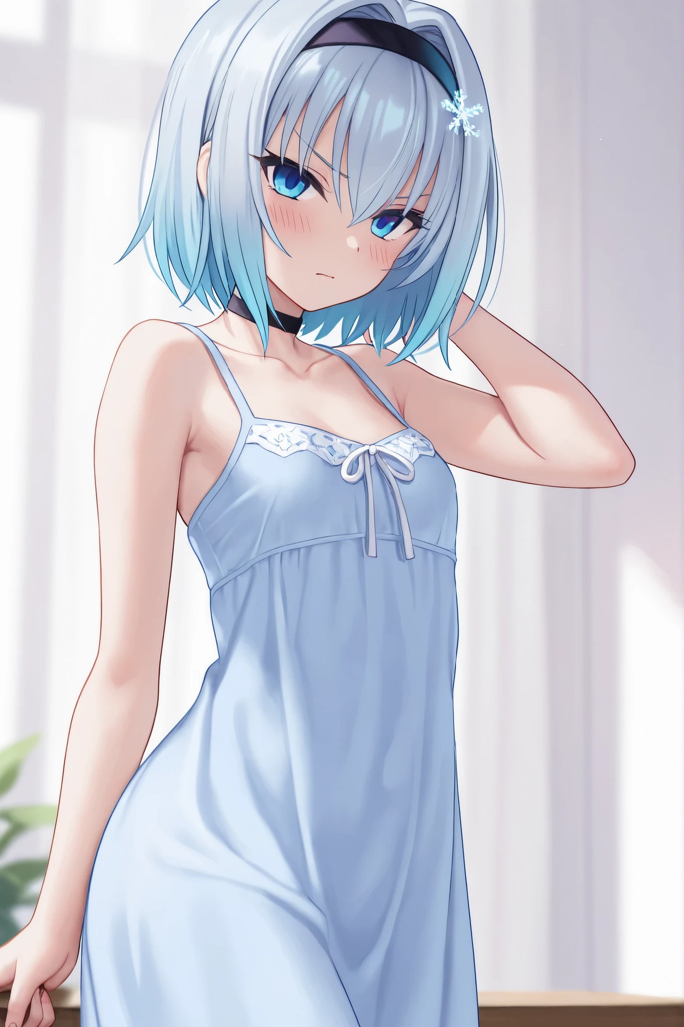 15 year old loves sex、 A sexy worker in a lewd knitted dress、Underboob, small breasts, aroused face