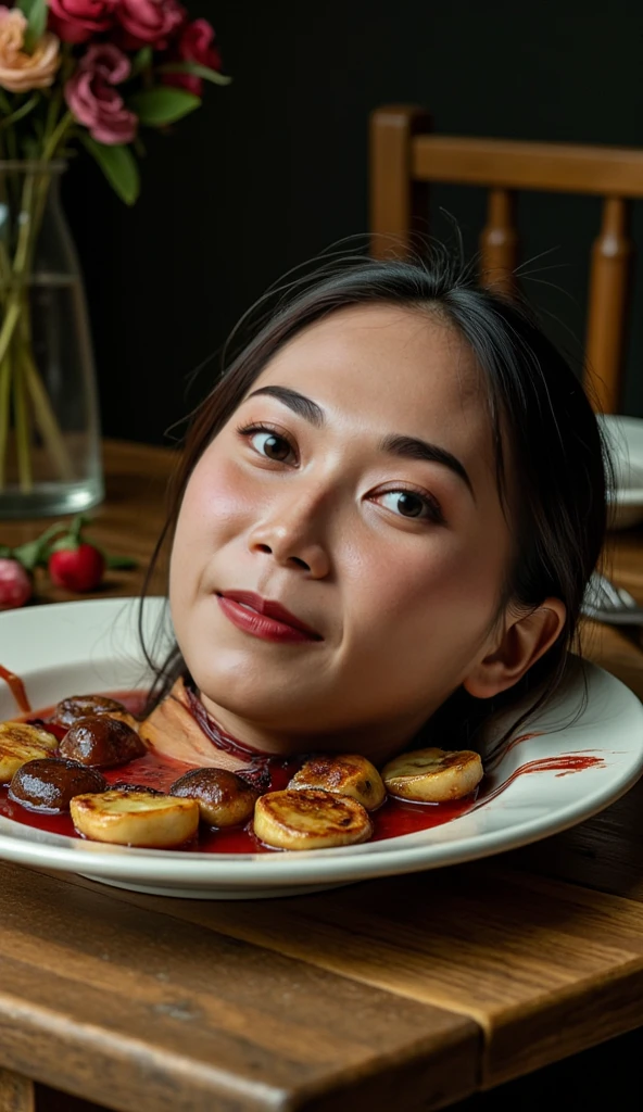 decapitated female head on a plate, covered in flesh, full of blood, ((eyes closed)), served like a food dish, bloody, photorealistic, 4K, Nikon, horror, ahegao face, tongue out