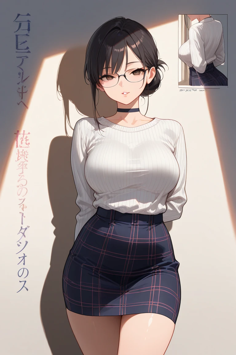 highest quality,(8K Portrait),(Official Art)、obesity、((short hair))、blush,((isark hair)),(Sweat),Black knee socks、One Woman,((:is))、hot、Office Room、Glasses、(Crouch:1.7)、(Wide-open legs:1.5)、whole body、Thin virgin killer sweater、Large Breasts、Hands behind head