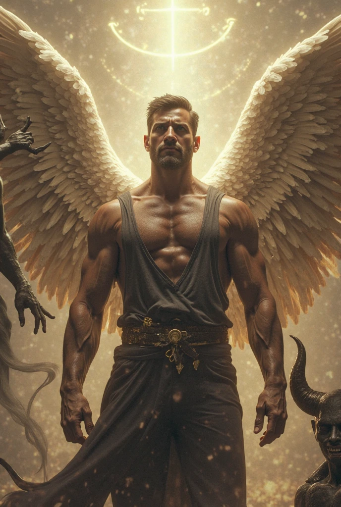 (extremely detailed 8k wallpaper), a medium shot shot of a young male model, masculine features, blue eyes, brown hair, strong jawline, fit body, which tall, full body, prince aesthetic, gothic architecture, shirtless, soft lighting, beauty lighting , huge massive black angel wings,