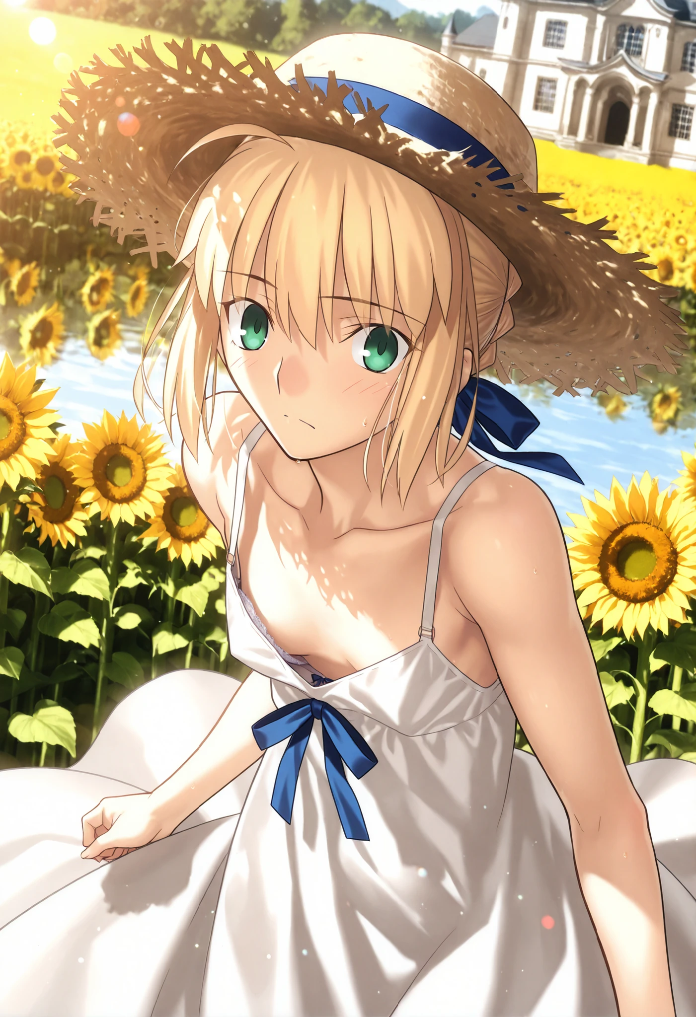 masterpiece, , absurdres, highres, detailed background, high resolution, masterpiece, necessary, detail, best quality, quality, necessary, details, High details, Precise, 8k outdoors, (mansion, colorful light particles, powder light,), day lens flare, blurry background,(from above),                                            
                                                                                                                                                                                                                         1girl, Takeuchi Takashi (type-moon,tsukihime) style, takeuchi takashi style, (aged up),(Sunflower field),, in lake,(astonished), closed mouth, ,(downblouse , bra slip),   
   
girl, (slender body, slim arms, slim bod),girl, artoria pendragon, saber (fate) ,blonde hair ,green eyes, wide eyed,(straw hat), ahoge ,hair ribbon ,blue ribbon ,short hair ,sidelocks ,frenched braid, (white summer dress, sleeveless), (flat chest),(looking at viewer), ,  , , 
