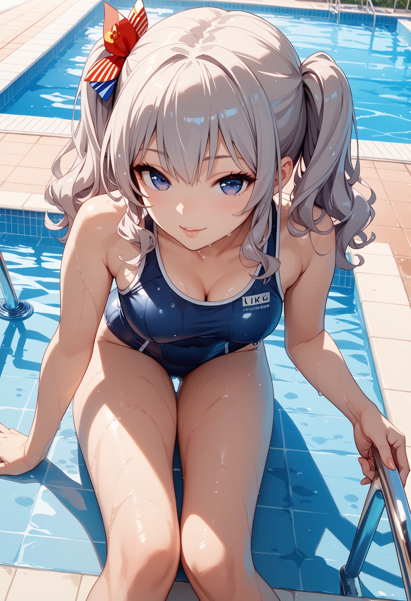 (Unity 16K Wallpaper, Masterpiece, Best Quality, Ultra-Detailed, Extremely Detailed CG, Caustics, Cinematic Lighting, Detailed, Beautiful Detailed Eyes, solo, vivid image quality, brighten the subject, pool side),Ultra High Resolution, fine skin、sexy, (curby), nsfw,(white school swimsuit:1.3), small breasts, angry blash,squatting