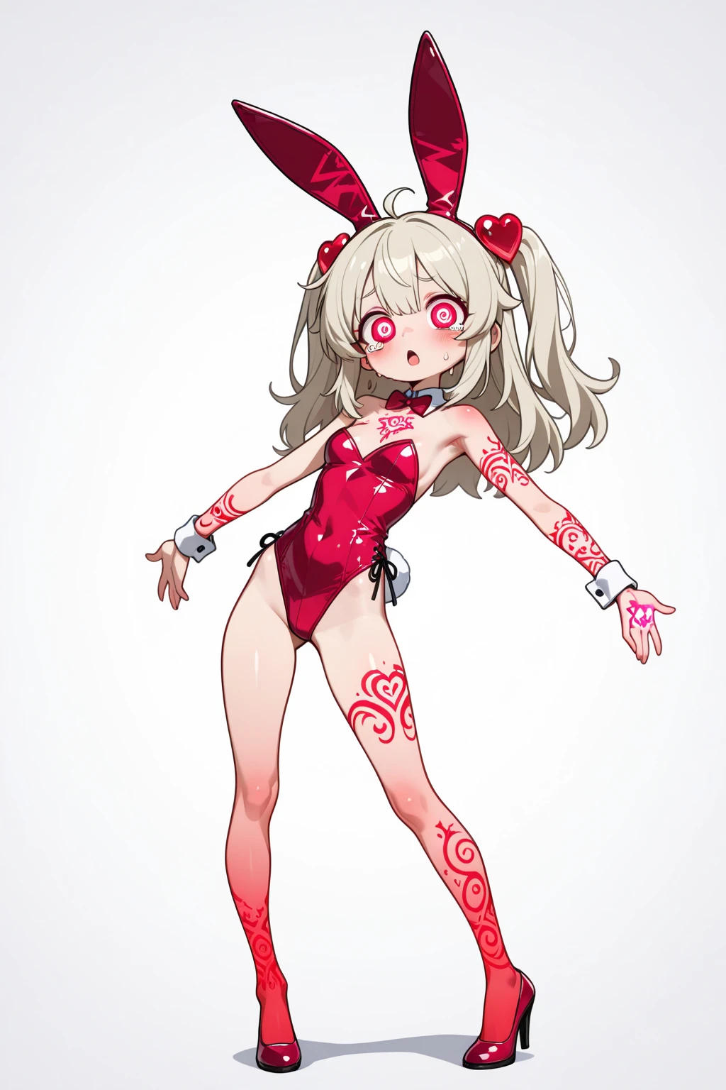 Monocromo, fondo rojo, a girl, bunny suit, only one-piece high-legged leotard ,high thighs,mallas, sentadilla, lazo, gesto del ganador, (desde el frente: 1.3),orejas de conejo,((cuerpo completo)),sin mangas,