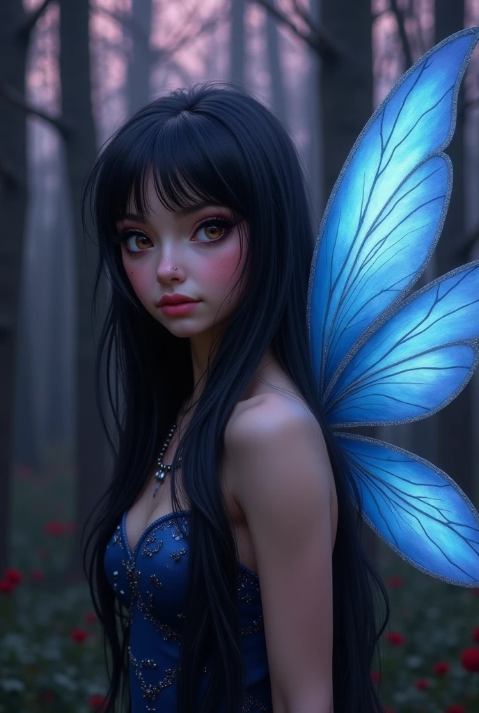 ((a bioluminescent little dark fairy circling a black rose)), (black rose), (cute), mystical magical primeval forest, (pointed ears:0.75), (full body), (black hair), (long hair), ((detailed butterfly wings:1.5)), high detailed background, depth of field, perfect facial symmetry, Perfect Face, octane render, blushing, unreal engine 3D, cone of light, (hyperdetailed:1.15), hdr, (hyperrealistic:1.5), ultra detailed texture, winter scene,