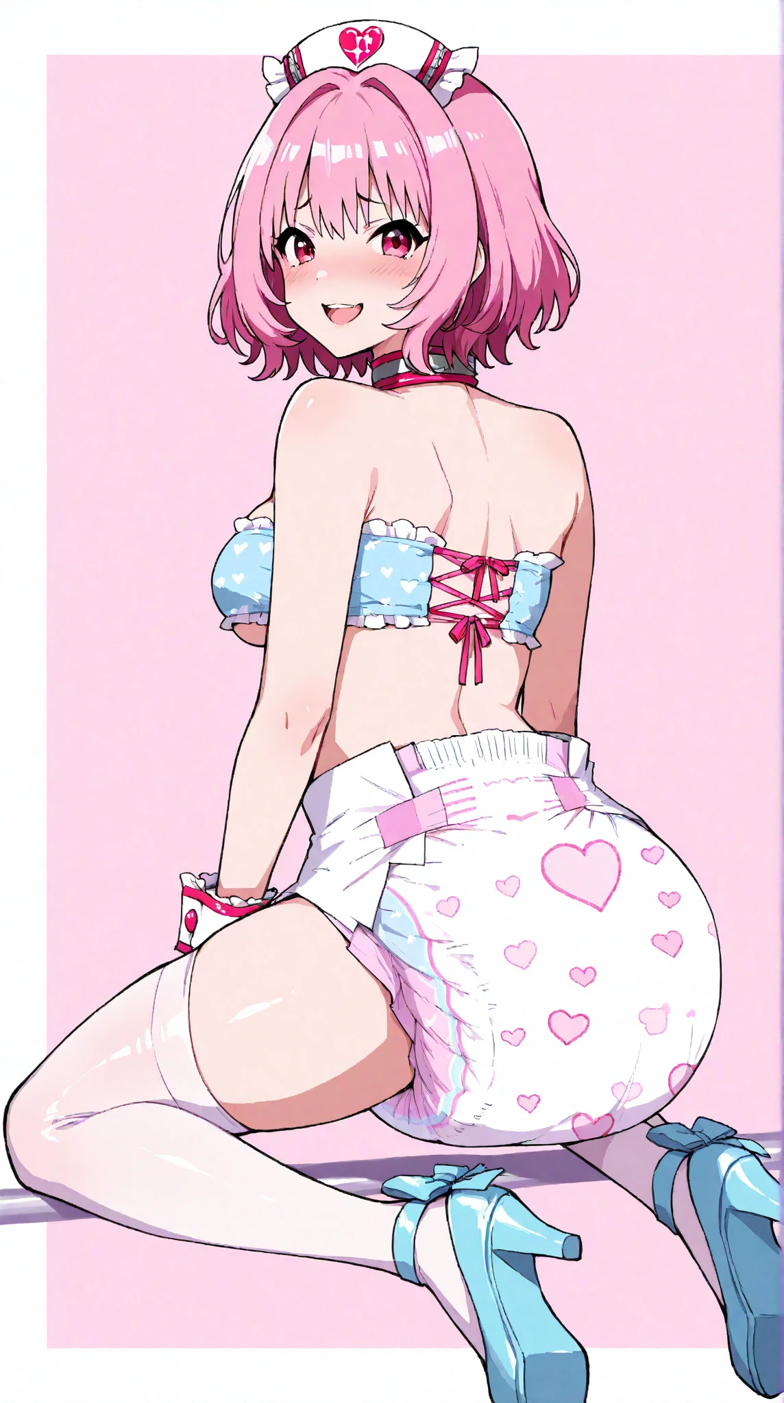 (superflat, flat shading, flat colors:1.1), (magazine cover), loli, petite, white bra, children's print panties, from behind, smile, volumetric lighting, gradients, soft light, bright, colorful, watercolor