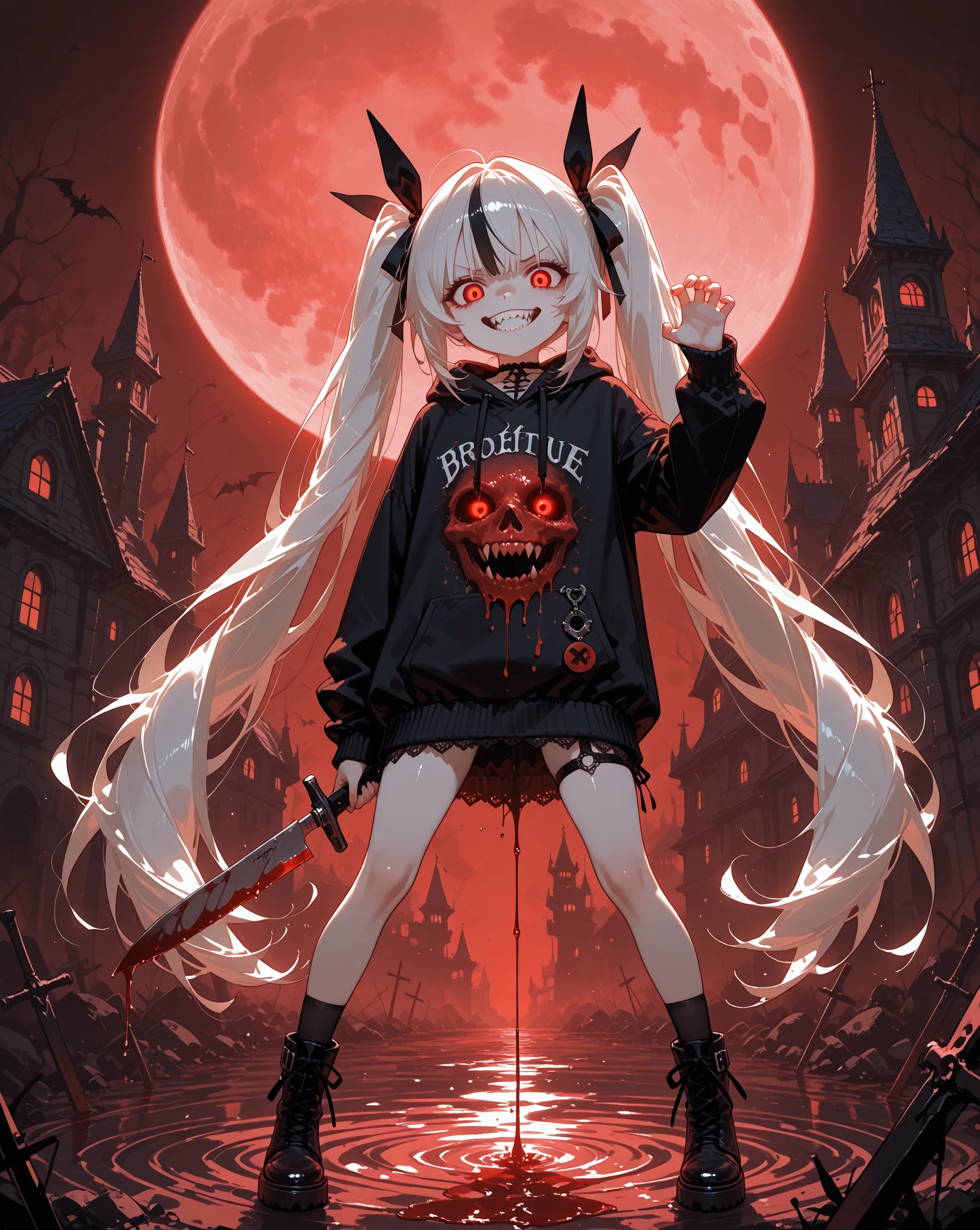 Detailed silhouette of a cyberpunk girl with cat ears and a tail, Flowing, Tattered coat, He has a giant blood scythe that includes a mechanical cat design., Stand on the glossy, Minimalist reflective surface, Soft Gray Background. Pastel Style