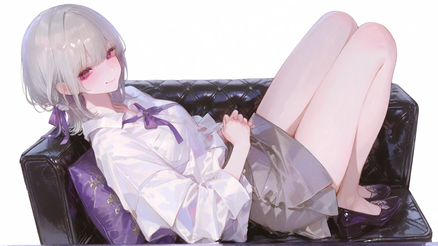 Full body bedroom，onbed，Girl with short white hair spreads her legs in dimly lit bedroom，white stockings，Cover your mouth with your hands，Messy hair，Long hair scattered on the bed，Juice，unwear，saliva