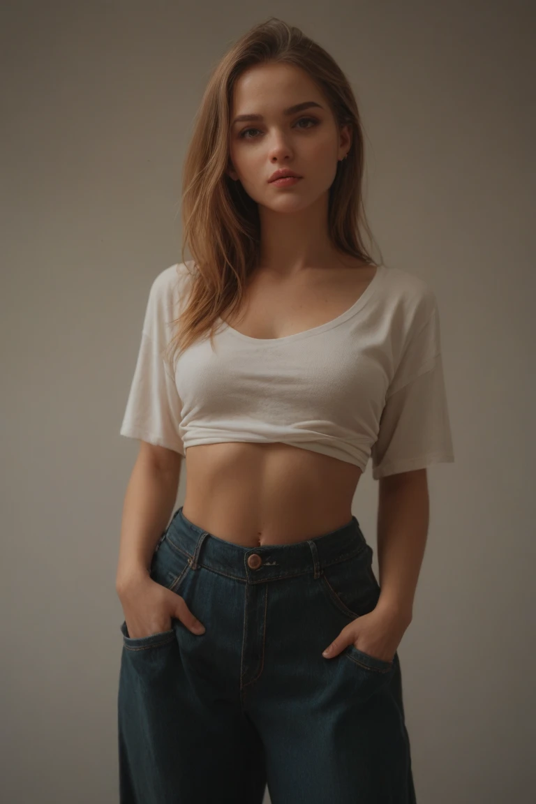 ((best quality)), ((masterpiece)), (detailed), one girl with long blond hair, cute clothes, posing in front of clean wall