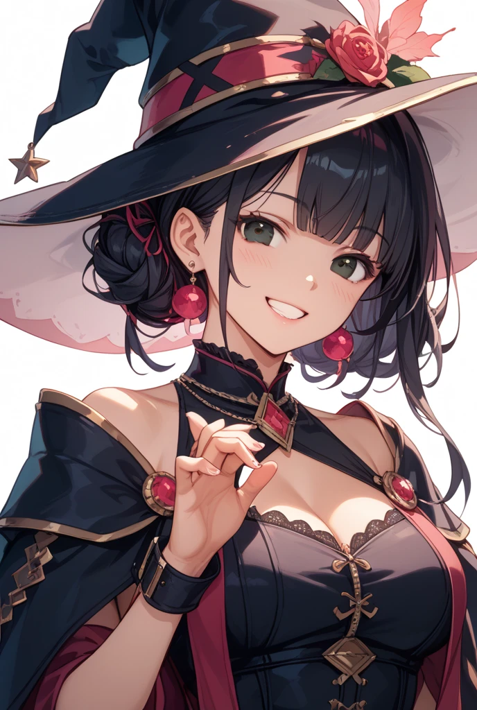 tmasterpiece, Best quality at best, (Very detailed CG unified 8k wallpaper) (Best quality at best), (Best Best Illustration), (The best shadow) natural', ray traycing, ultra - detailed,Anime girl wearing purple hat and purple skirt,purpleeyes, Flirty anime witch, pretty sorceress, black hair color hair, beautiful female witch, A beautiful witch, Powerful busty witch, Upper part of the body,9 different emotions --v6