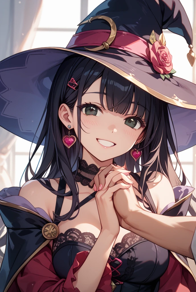 ((masterpiece, Highest quality, High resolution, 超High resolution, Pixel perfect, Written boundary depth, 4K, RTTX 10.0, High resolution))), 1 person, single, alone, Beautiful Anime, Beautiful art style, Anime characters, ((Shortcuts, bangs, Dark brown hair)), ((Green Eyes:1.4, Round eyes, Beautiful eyelashes, current eyes)), ((Smooth texture:0.75, Anime CG style)), ((Dynamic Angle, close)), Perfect body, (cute), Normal chest, whole body, ((4K, 8k, Highest quality, Perfect Fingers: 1.3, Perfect Anatomy: 1.3, Background Blur)), whole bodyアングル, Illustration of a witch wearing a costume with lots of frills, The character is wearing a gorgeous frilly dress.、Wearing a gothic witch hat, The dress is based on black and purple.、Pink and white ribbons and lace are used as accents., She has a lovely smile、There is a mysterious light in her eyes that is typical of a witch., The background features a night sky and magical symbols.、The overall atmosphere is gothic and fantastical.