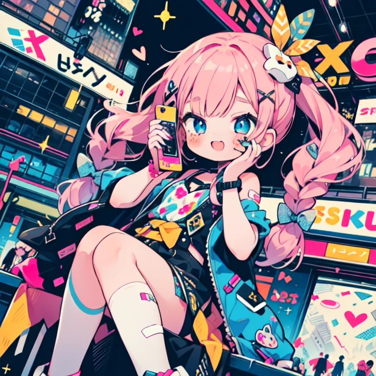 1girl, bottom view, from the bottom, perspective, low-angle, theres a girl in public street of shibuya, holding a flipphone on her hand, she has long painted nailes with decorations, nailart, she has hot pink hair in long pigtails with bangs, her eyes are blue and have spirals in them, spiral pupil, decora, hairclips, accessories, hair ornaments, bandaid on knees and arm, X bandaid, colorful, she wears kawaii clothing, you can see the city buildings on the background and the shopping mall "shibuya109", she is happy and decorated with glitter, sparkles and beads, bedazzled accesories