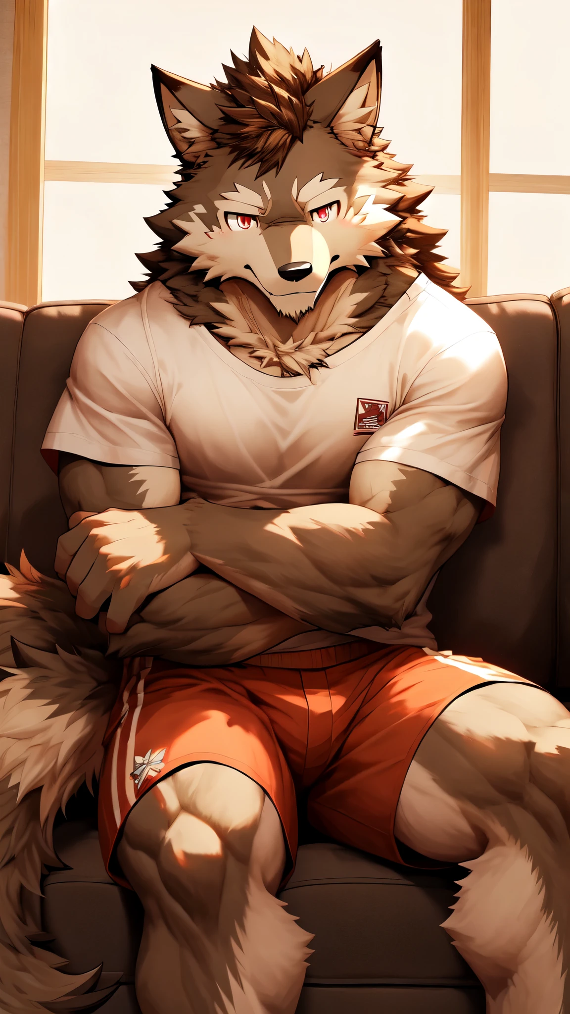 1man, Correct body structure, Correct finger structure, Correct pupil structure, single person, ((orange fur)), wolf, white pajamas, white hair, smile, brown pupils, wolf tail, dog collar, Sit on the couch, White leggings, strong