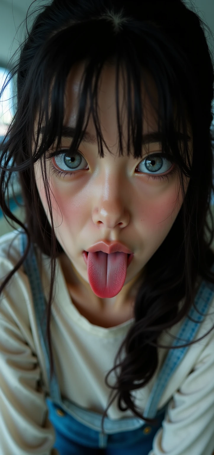 1 girl、flying debris、、Award-winning photo、Very detailed、Big double eyelids、nose、The focus is on the mouth、close-up focus on face))、Woman with open mouth and closed eyes、18-year-old、Black Hair、tears,