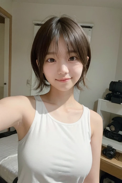 1girl, curly hair,, black eyes, upper teeth only, middle school student, school uniform, full face blush, light smile, blushing, crushing, 16 years old, legally a minor, Japanese, teenager, adolescent, short hair, very short hair, extremely short hair, taking selfie, japan, asian
