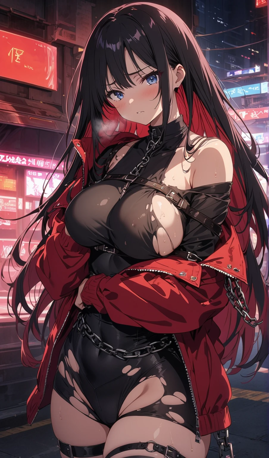Within the flying rubble and rubble, there was a milf with dark blue long hair, her body in chains, having 2 black horns and thighs, and have many blood in her hand and her cloth, she wear black long jacket, she have black tatto, she is servant of demon lord