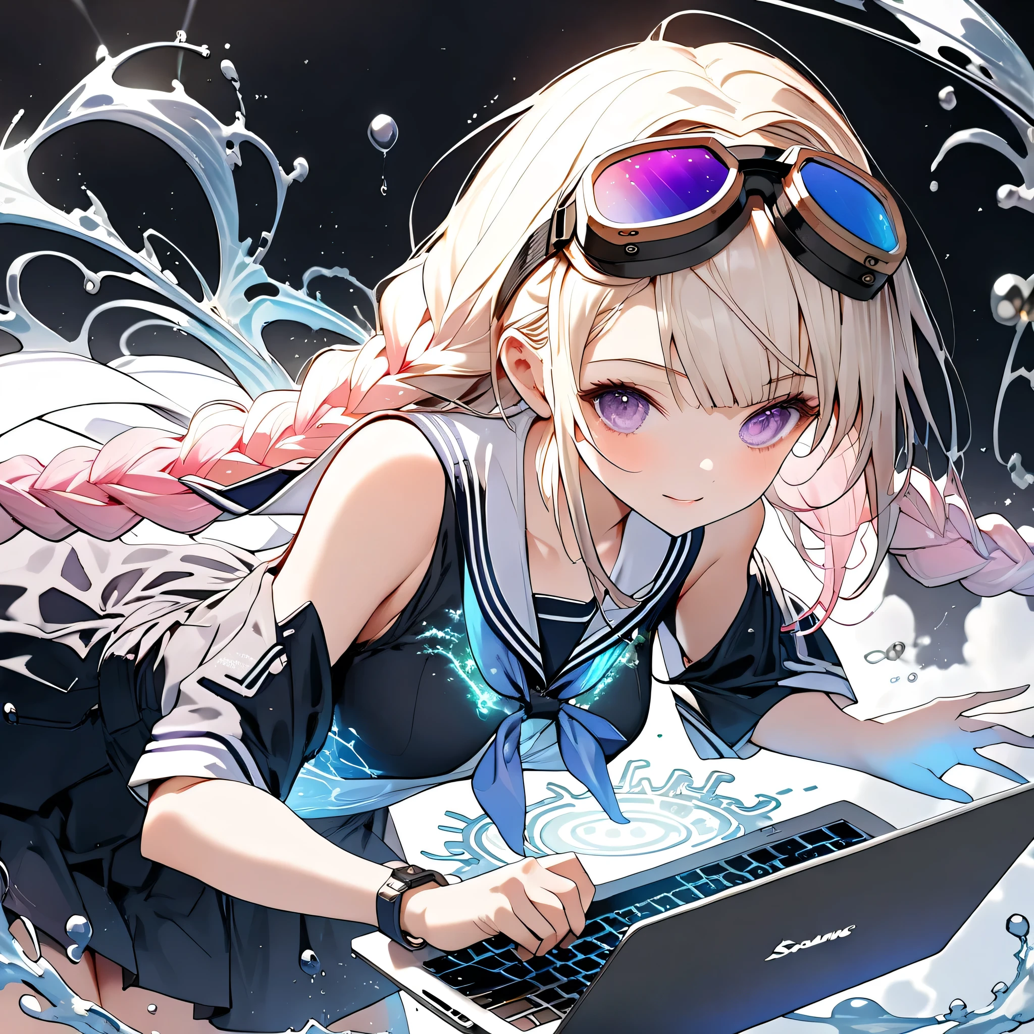 best detail、studying with a laptop、(((Kakuhime who cools NOTEPC's CPU with water magic、cpu)))、(((AR、VR、Kakure Hime wears goggles that show mathematical equations)))、1GIRL、pretty face、Baby Face、(((dynamic best configuration、Top quality、supreme masterpiece、super definition、high resolution、CG、HHD、16K)))、(The woman has long purple and white gradation braids)、素肌のshoulder、black skirt、灰色の髪、(high school girl who cools laptop parts with water magic/Sailor Suit、サイバーパンクを組み合わせた新デザインのSailor Suit、White Loose Socks、shoulder、black loafers、Side Cutout、Exposed Navel、Side Cutout、Sailor Suitのラインのネオンカラー)、Neon Color Palette、Clear outline、detailed purple gradient eyes、Glow in the Dark Fashion、The World of Electronic Circuits、near future、neon color formula on a simple black background、vibrant colors、(((Background full of mathematical equations)))