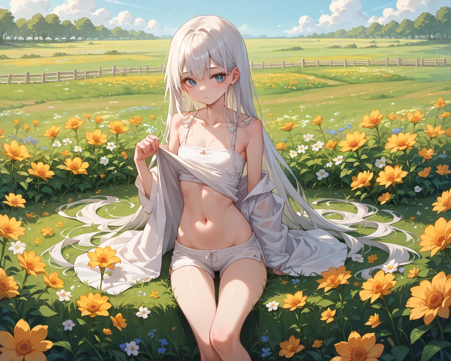 full body, solo, 1girl, looking to the side, smile, blush, beige hair, flat chest, gypsy costume, god rays, Dianthus caryophyllus nana \(flower\), field of wheat <lora:Mankai_Kaika_style_v13:1>